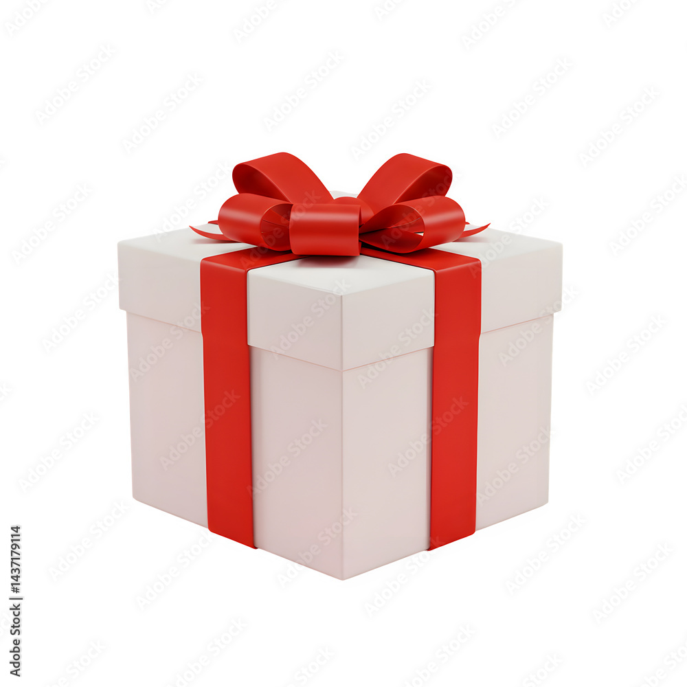 White gift box with red ribbon and red bow on white or transparent background, PNG White gift box with red ribbon and red bow on white or transparent background, PNG