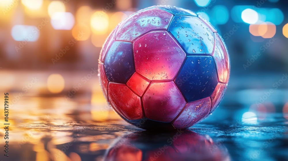 Fototapeta premium Wet soccer ball on a city street at night