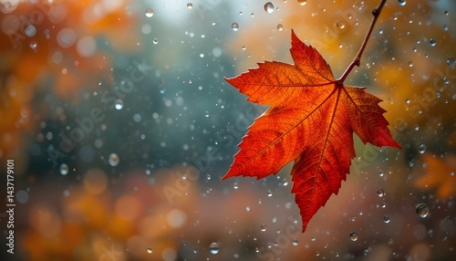 autumn leaves in the rain at te window, fall season concept