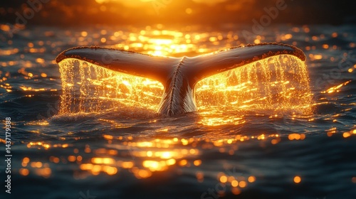 Whale tail emerging from water at sunset photo