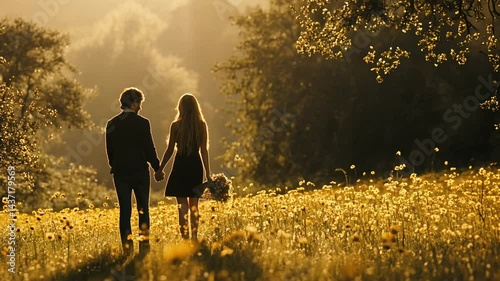 Golden Hour Romance: A Couple's Silhouette in a Blooming Meadow