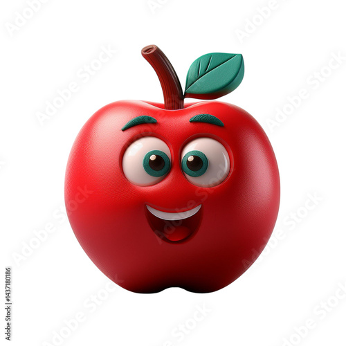 Cute Cartoon Red Apple with Smile and Leaf on White Background, Isolated On transparent Background