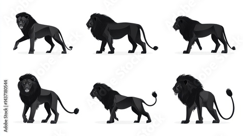 Six black lions, various poses, white background, wildlife illustration, graphic design