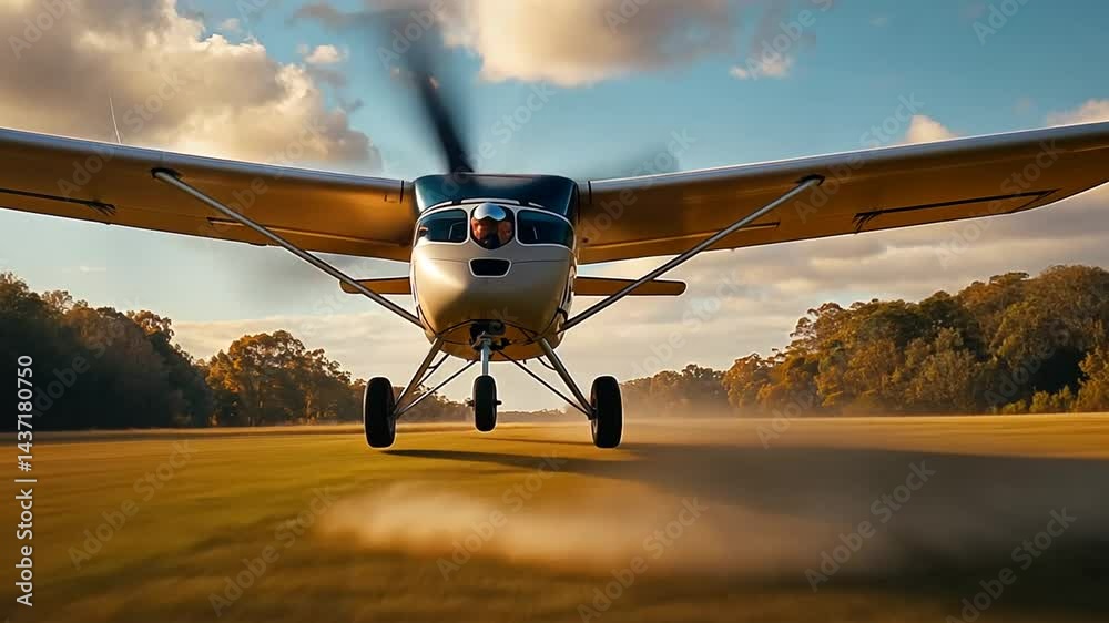 Sunset Landing: A Light Aircraft Descends Gracefully Onto a Rural Airstrip, Dust billowing beneath its wheels. The golden hour light bathes the scene in a warm glow.