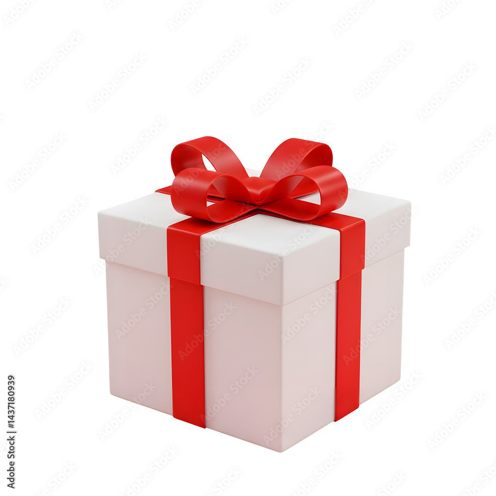Fototapeta premium White gift box with red ribbon and red bow on white or transparent background, PNG