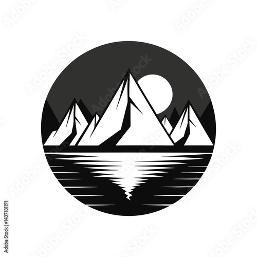 striking black and white illustration featuring a minimalist mountain landscape rendered with clean, precise linework and high-contrast silhouettes.