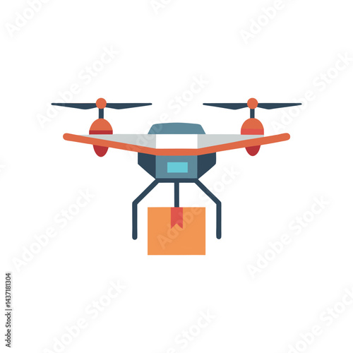 Delivery drone carrying a package mid-flight, vector design on white background