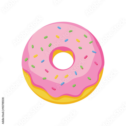 Donut with pink frosting and rainbow sprinkles, on a white background.