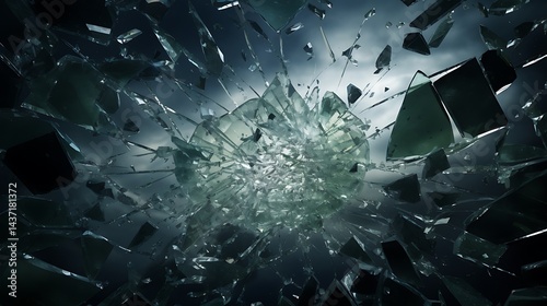 Shattered Glass Shards with Dynamic Sky View, Broken Sharp Fragments, Dark Moody Tone