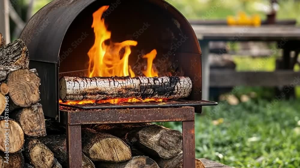 Outdoor log fire in metal grill burns brightly surrounded by stacked wood in lush garden