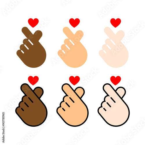 다양한 피부색의 손하트 제스처 아이콘 일러스트 - Finger Heart Gesture Icons in Diverse Skin Tones. Love Symbol Illustration