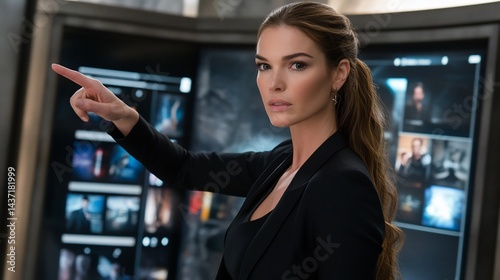 Woman pointing at futuristic interface, modern office