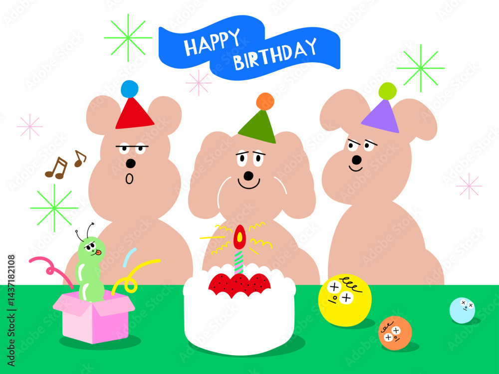 Obraz premium 생일 파티에 고깔모자를 쓴 귀여운 강아지 캐릭터 일러스트 - Cute Puppy Character Wearing a Party Hat at Birthday Celebration