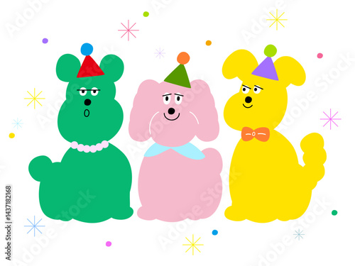 파티 모자를 쓴 귀여운 강아지 캐릭터 일러스트 - Cute Party Dog Characters Illustration
