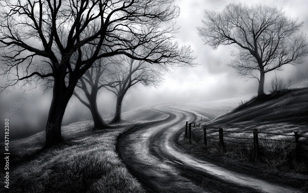 Obraz premium Mysterious Foggy Pathway with Deep Shadows