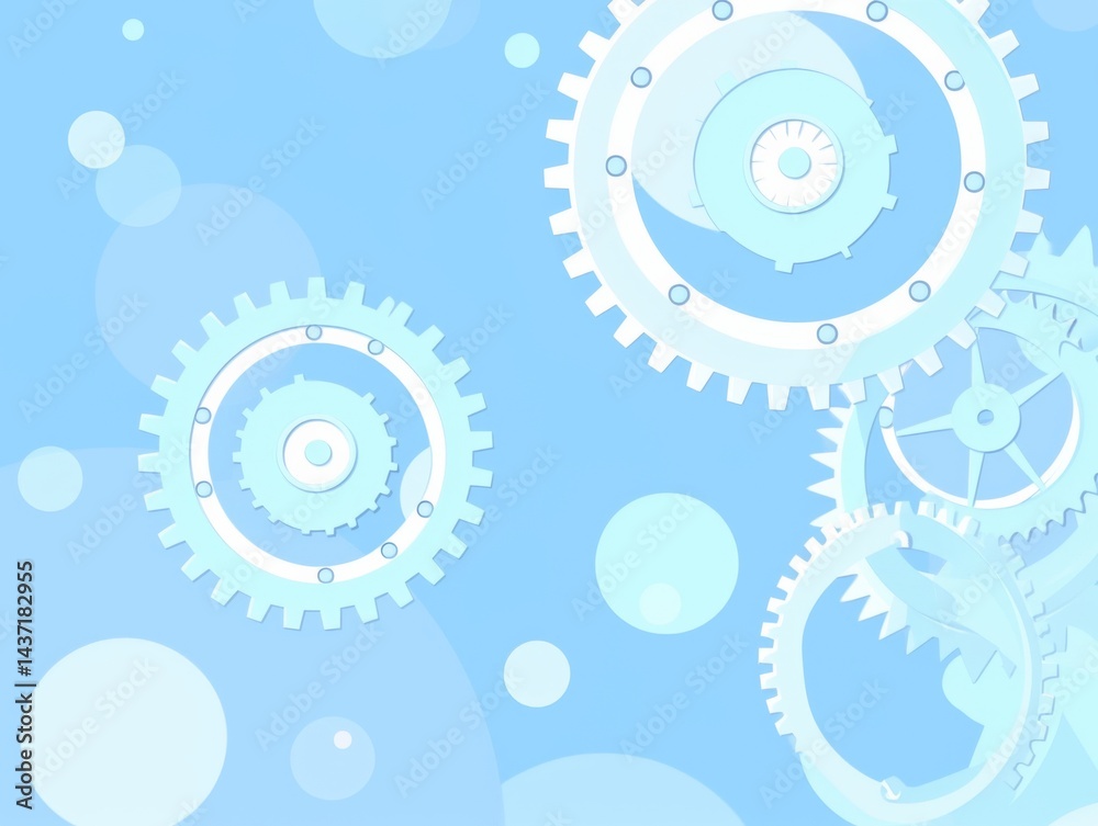 Two Stylized Light Blue Gears with Floating White Dot on Solid Baby Blue Background Two Stylized Light Blue Gears with Floating White Dot on Solid Baby Blue Background