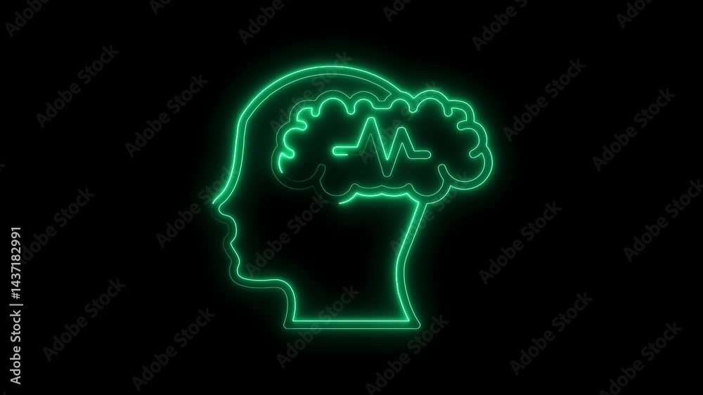 Brainwave animation of human head outline with a creative brain thinking ideas in neon green Brainwave animation of human head outline with a creative brain thinking ideas in neon green
