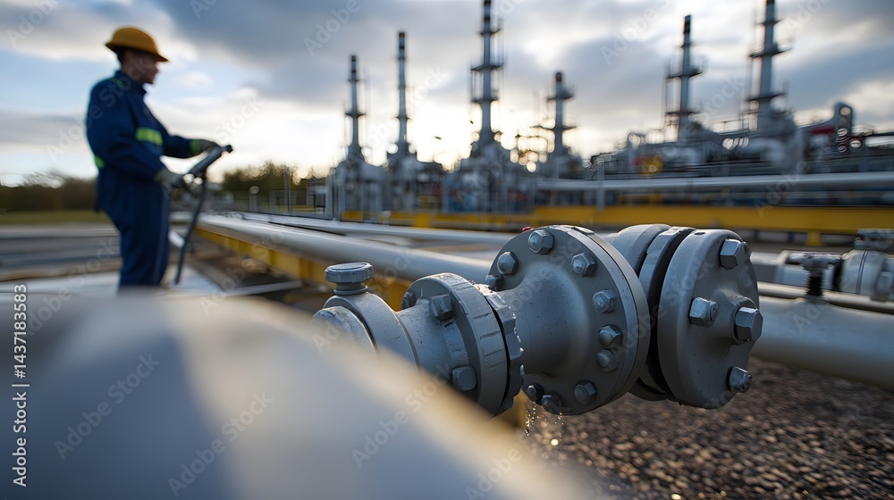 Fototapeta premium Industrial complex with pipelines and a worker.