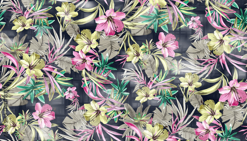 Fototapeta Naklejka Na Ścianę i Meble -  watercolor digital flower seamless pattern on navy background
