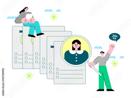 채용 및 팀워크 비즈니스 일러스트 1 - Hiring and Teamwork Business Illustration Set for job recruitment, collaboration themes, and online HR platform design