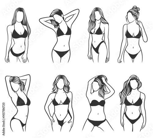 Vector set of fashion woman silhouette figures in bikini and swimsuit for summer beauty illustration