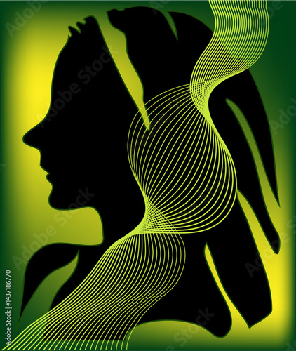 Black Woman Shadow on Green Gradient Line Background: Modern Art