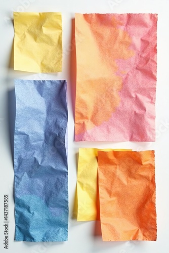 Set of used tissue papers in various sizes on a plain white backdrop, garbage, discard