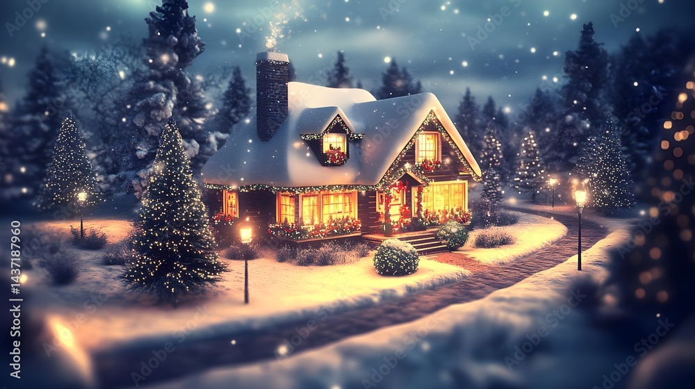 Fototapeta premium Cozy Christmas Village Scene with Snow-Covered Landscape