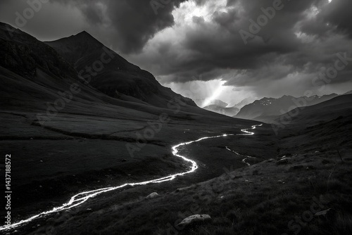 Dramatic Black & White Mountain Landscape – Glowing Path Under Stormy Surreal Sky