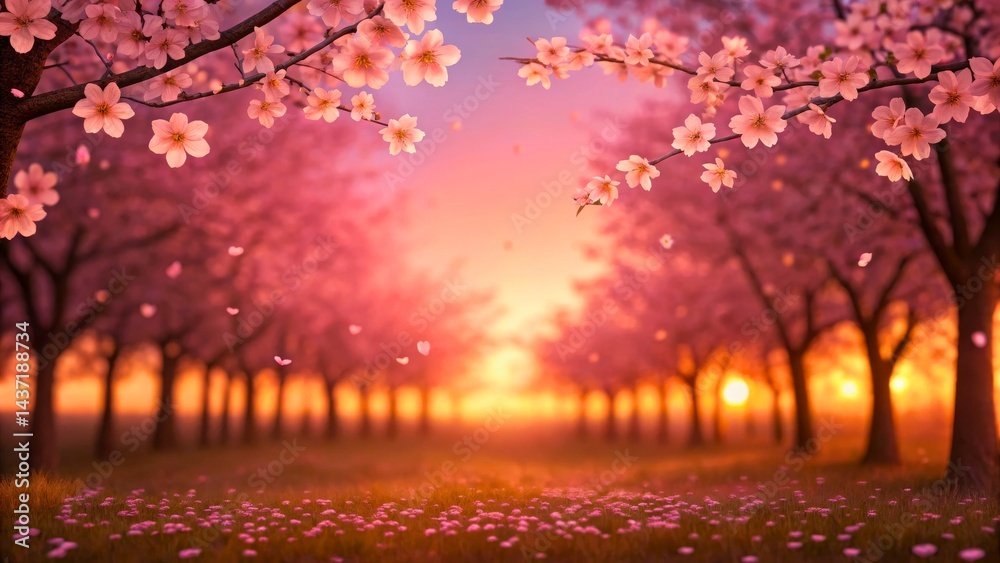 Naklejka premium Serene Cherry Blossom Landscape in Soft Light During Sunset with Blooming Flowers