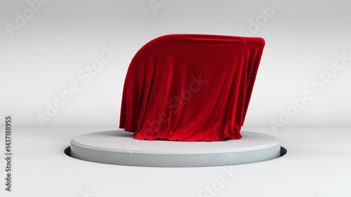Red velvet cloth drapes circular stage green screen background reveal product launch display presentation elegance