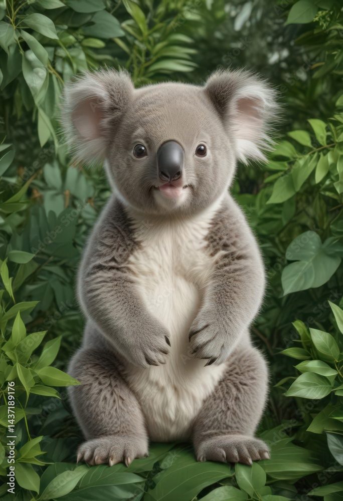 Fototapeta premium Playful koala infant with soft fur, surrounded by green foliage Seamless repeat vector design , soft fur, australian fauna