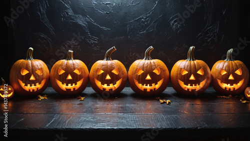 Spooky Halloween Jack-o'-lanterns A Row of Glowing Carved Pumpkins