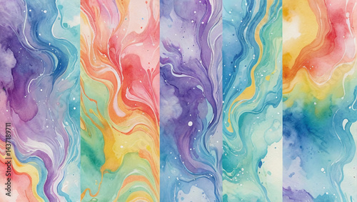 Vibrant Watercolor Marble Texture Backgrounds Rainbow, Purple, Teal
