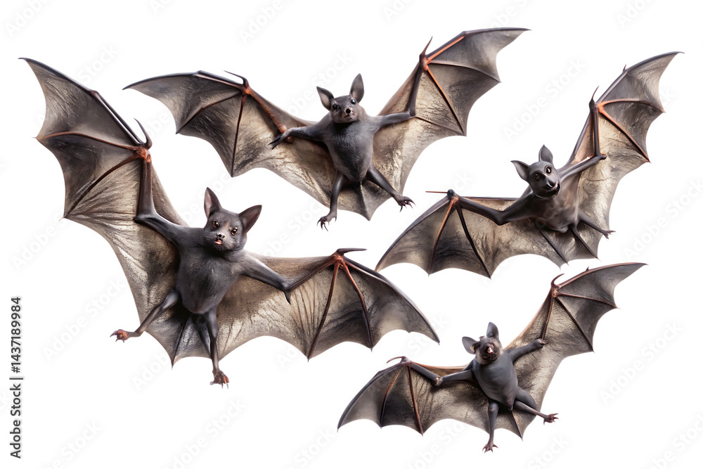 Fototapeta premium Set of flying black bats isolated on white background. Halloween concept