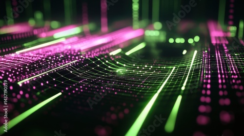Digital tech-inspired abstract geometry with a smooth gradient of neon pink and green, evoking a sense of motion and innovation.