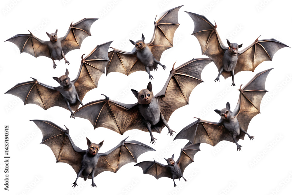 Fototapeta premium Set of flying black bats isolated on white background. Halloween concept