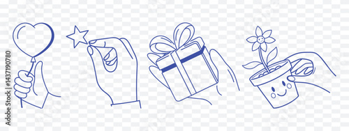 Hand-drawn line art of hands holding a heart balloon, star, gift box, and flower pot with smiling face, representing love, care, giving, and growth, perfect for creative designs.