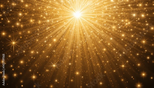 Prom Background. Golden Light Burst with Stars and Glittering Particles for Festive Background