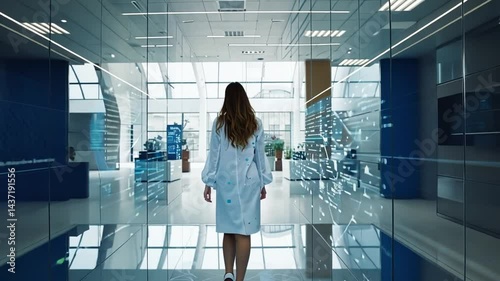 Future of Medicine: Woman Doctor Walking Through Innovative Digital Corridor