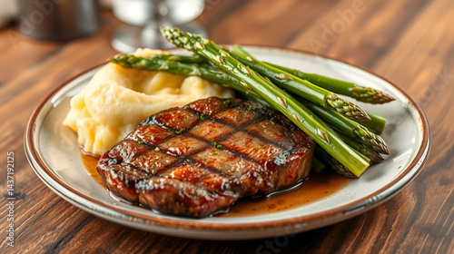 Deliciously mouthwatering steak with asparagus and mushed potato
