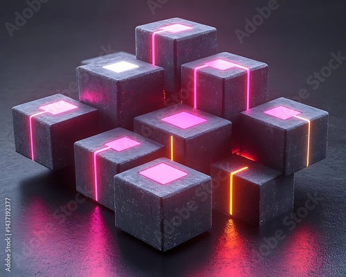 Glowing neon lines illuminate a cluster of gray concrete cubes