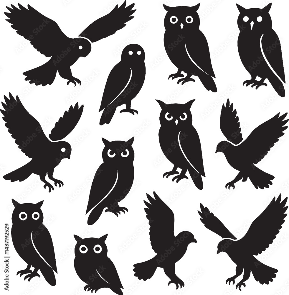 Fototapeta premium Owl silhouette vector sticker pack
