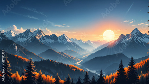 Majestic Mountain Sunset Breathtaking Panorama of Autumnal Peaks and Valley