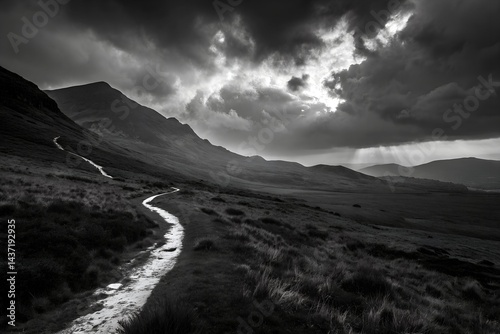 Dramatic Black & White Mountain Landscape – Glowing Path Under Stormy Surreal Sky

