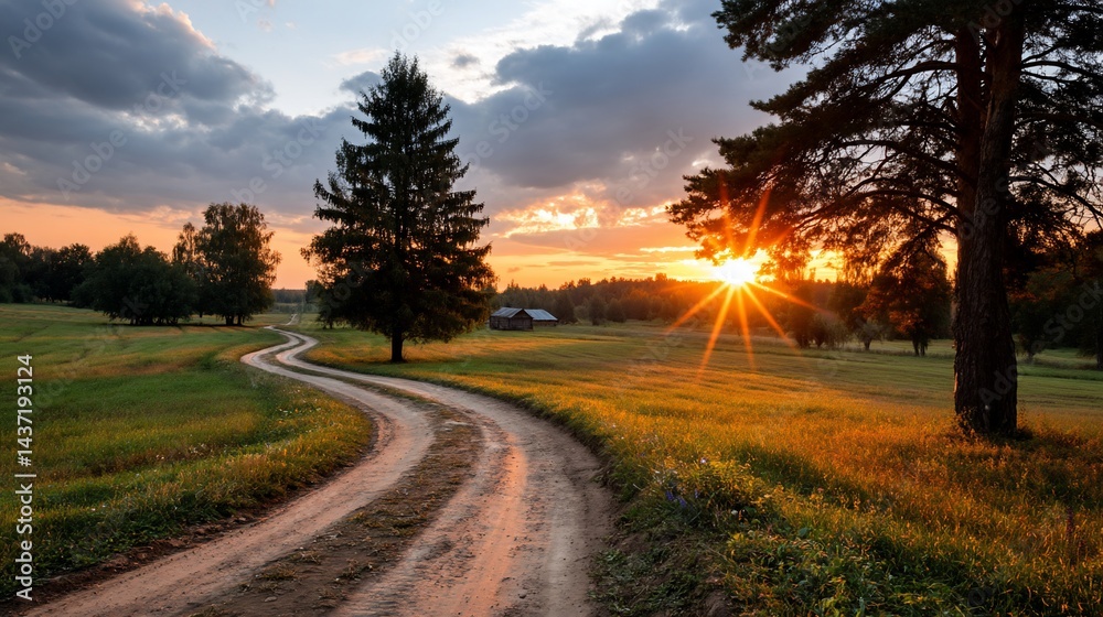 Fototapeta premium Golden sunset over winding country road
