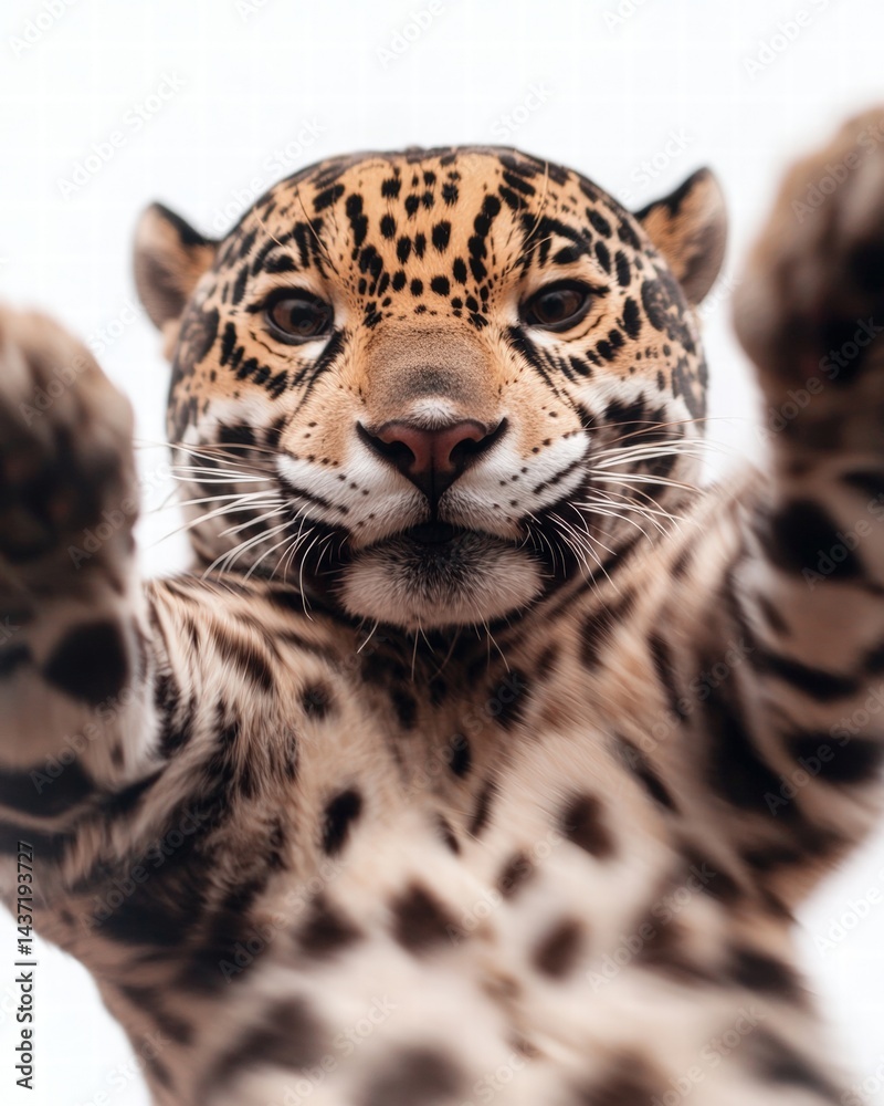 Naklejka premium Playful leopard with its paws up displaying its strength and grace in a natural wild environment