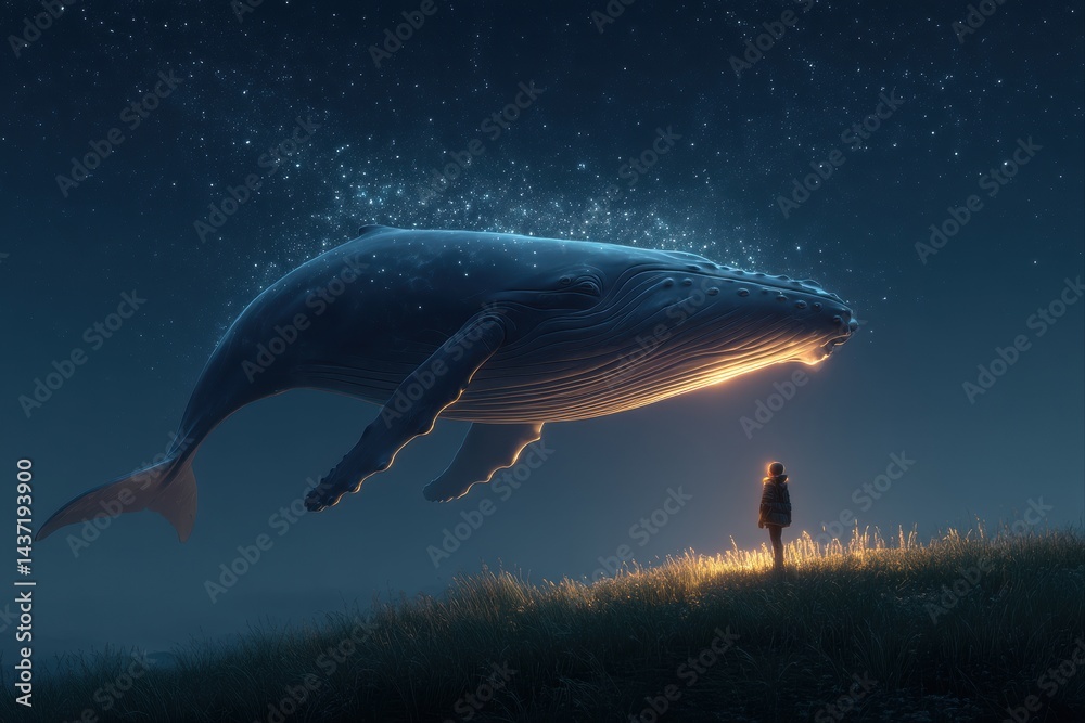 Fototapeta premium Majestic whale encounter ocean digital art nighttime surrealism