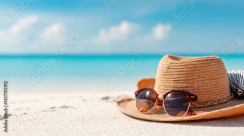 Relaxing Summer Beach Scene with Sunglasses and Sh straw Hat on Soft Sand Shoreline
