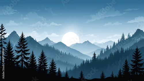 Serene Blue Mountain Landscape Sunrise over Majestic Peaks and Evergreen Forest